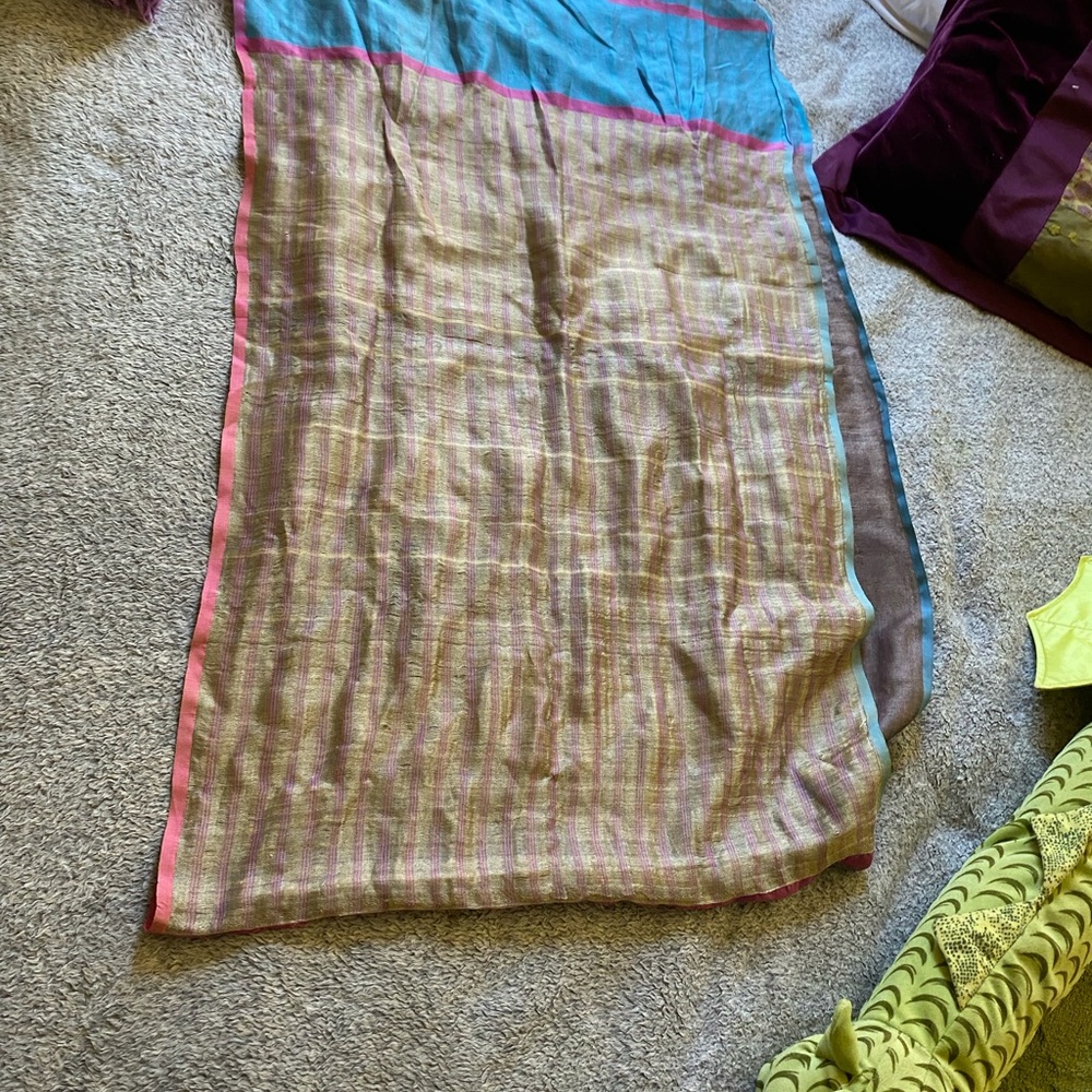 Handwoven Silk Scarf / Wrap in Gold, Purple , Blue & Pink - Picture 7 of 9